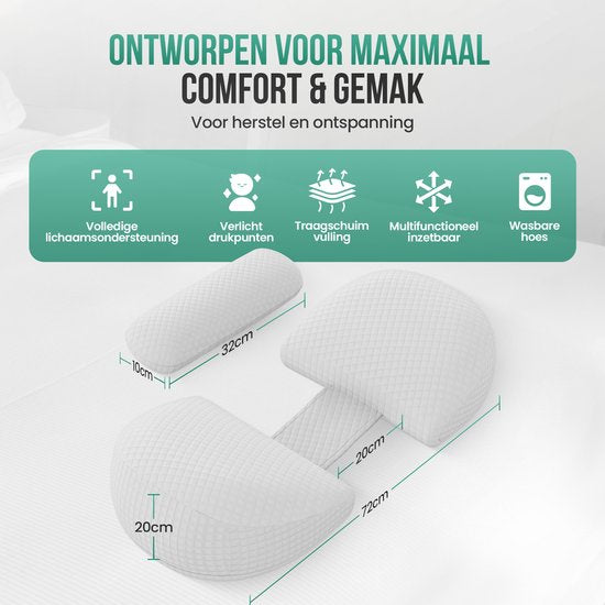 Avalo Oreiller de grossesse W-Shape - Mousse à mémoire de forme - Oreiller de sommeil latéral adultes - Cale réglable - Soutien de l'abdomen, du dos et des jambes - Oreiller d'allaitement - Oreiller de corps - Housse lavable