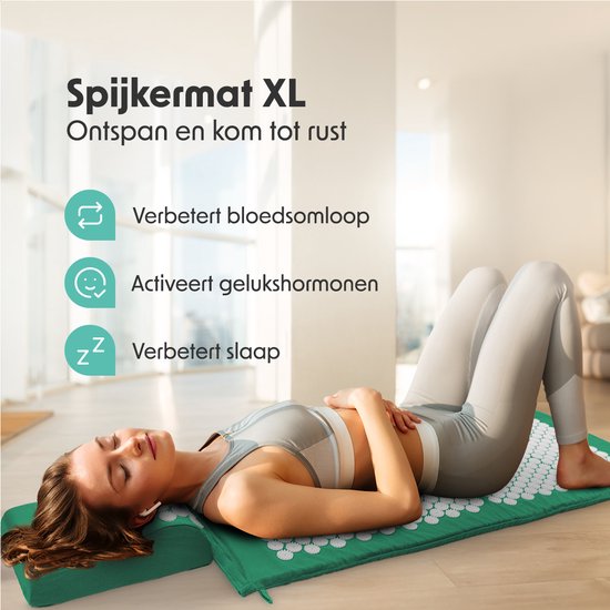 LifeGoods Tapis d'acupression XL - avec coussin - Tapis Shakti - Tapis pour ongles avec 2 balles pour points de déclenchement - 128x48x2cm - Vert/Blanc