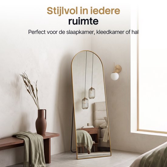 Miroir Infinity Goods - 160 x 60 cm - Miroir mural design - Miroir sur pied avec cadre métallique - À suspendre - Miroir de dressing - Forme arrondie - Moderne - Doré