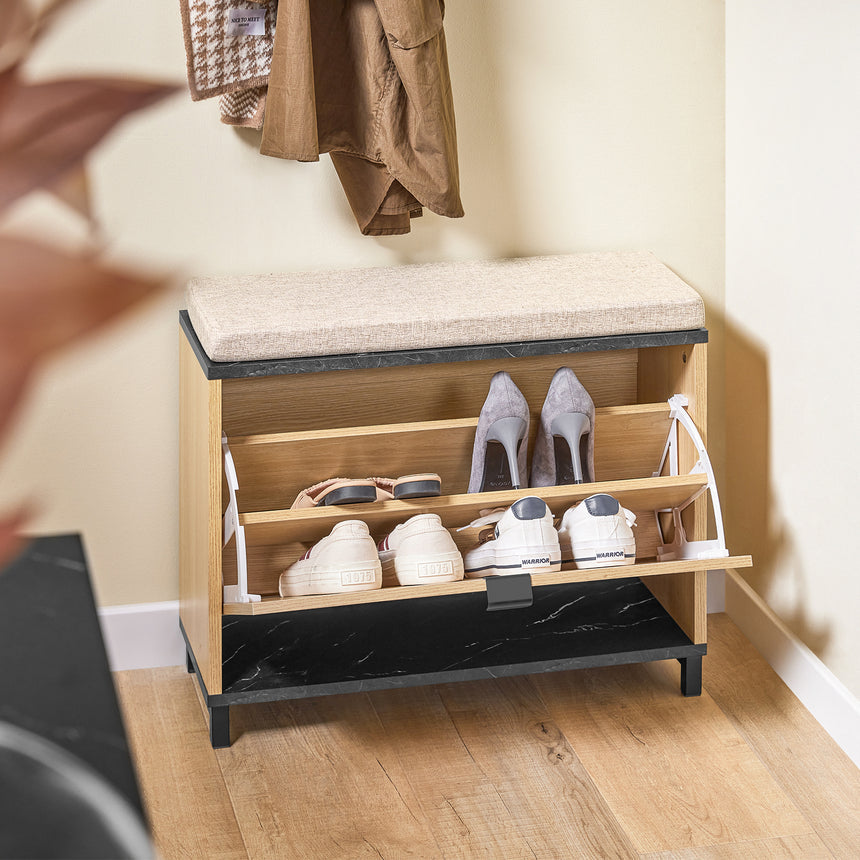 SoBuy FSR201-N Banc à chaussures, entrée, avec siège rembourré, confortable, pliable, noir et bois clair, supporte 113 kg, 60 x 24 x 50 cm