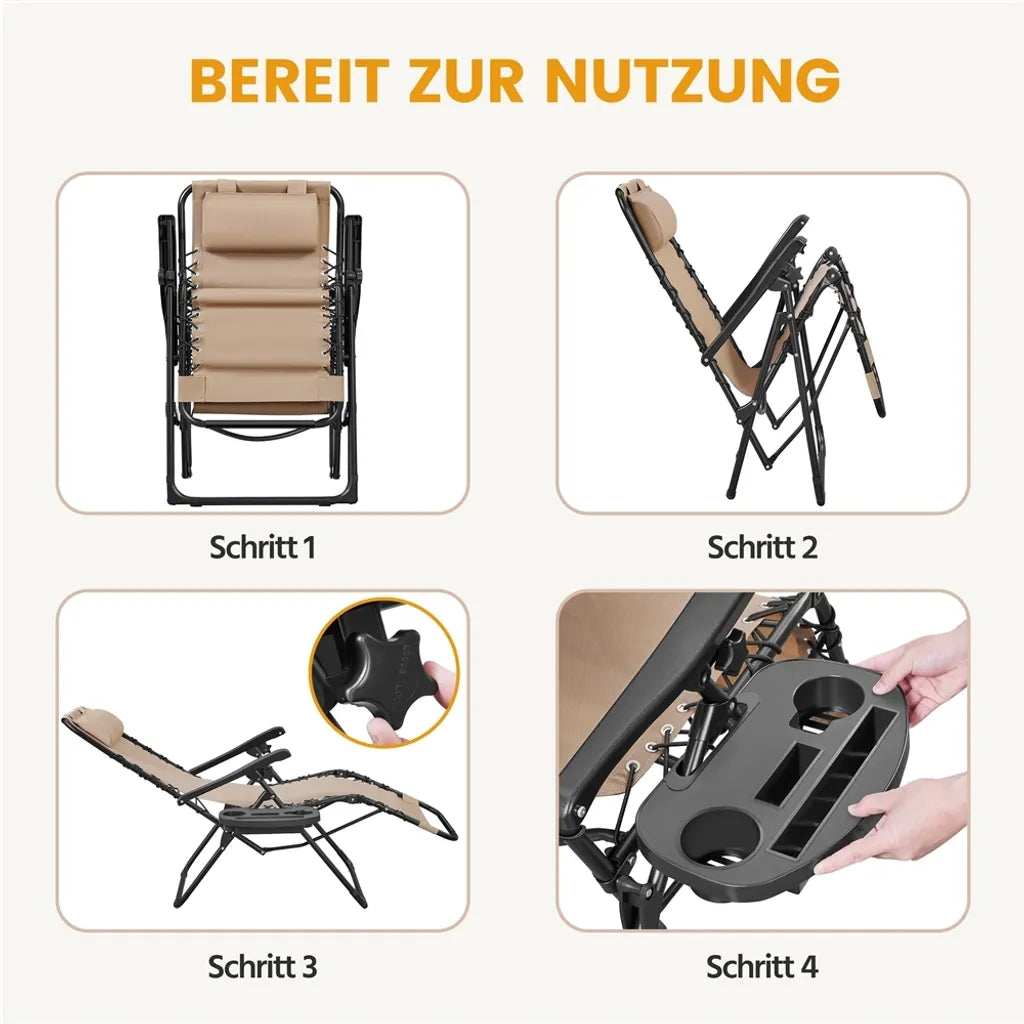 Yaheetech Lot de 2 chaises longues Zero Gravity - Beige - Chaises longues pliables avec oreiller et porte-gobelet