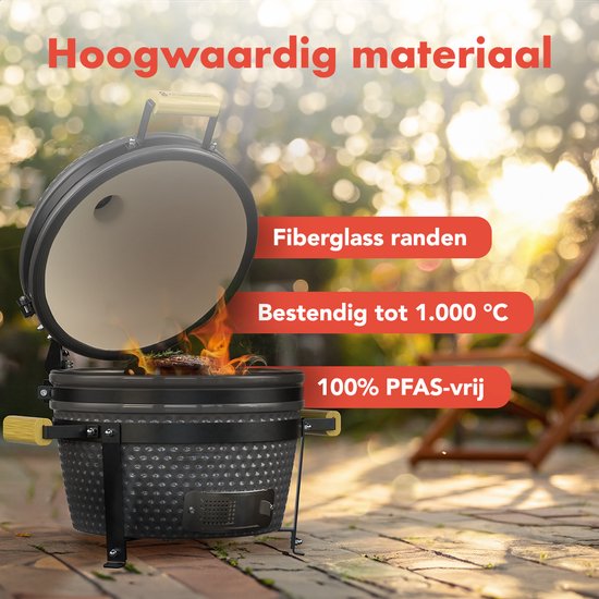 KitchenBrothers Kamado BBQ - 16 Inch Charcoal Barbecue - 34⌀ cm - PFAS-free - Deluxe Set - Egg BBQ with Accessories - Grey
