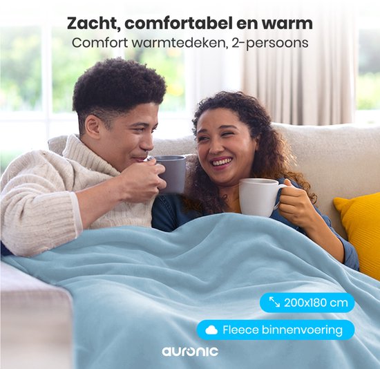 Couverture électrique Auronic - 200 x 180 cm - Couverture chauffante - 2 personnes - 3 niveaux de chaleur - Couverture - Avec minuterie - Couverture chauffante - Bleu clair