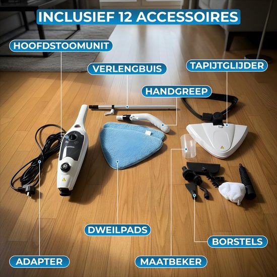 Powell Steam Cleaner - Nettoyeur à vapeur portatif - 2 en 1 - Nettoyeur de tapis - Nettoyeur à vapeur de sol - 10 accessoires inclus - 240 V - 1300 W - Noir/Blanc