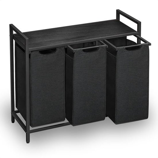 Goliving Trieur de linge - Panier à linge avec 3 compartiments - Boîte à linge - Textile Oxfort/Métal/Bois - 3 x 38 Litres - 25 x 92,5 x 71 cm - Noir