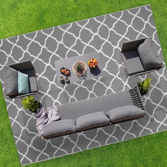 LifeGoods Tapis d'extérieur - 274x350CM - Tapis de jardin - Réversible - Sac de transport inclus - Avec motif - Gris/Blanc