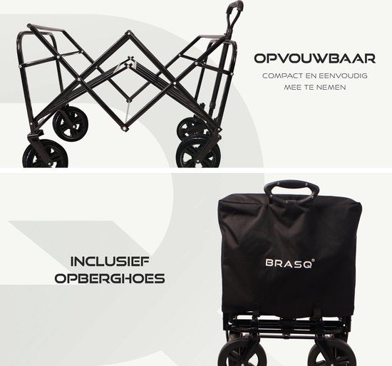 BRASQ Bolderkar WC200 de luxe pliable - Capacité 108L - Avec barre de poussée - Léger - Capacité de charge jusqu'à 100 kg - 2 sacs de rangement inclus - Noir