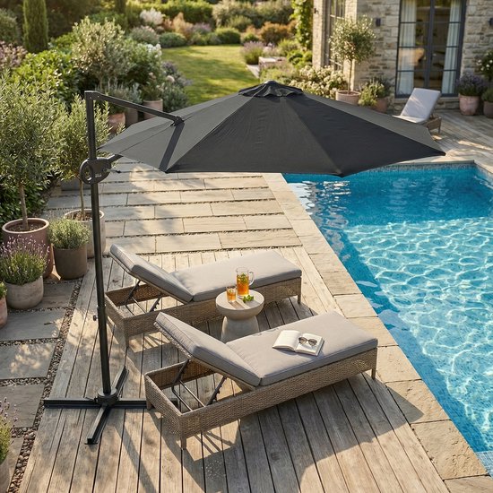 Parasol suspendu AXI Solea Ø 300 cm anthracite/gris, housse incluse – Armature thermolaquée avec pied en croix – Rotation à 360° – Toile anti-UV