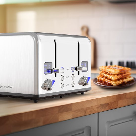 KitchenBrothers Toaster - Grille-pain - 6 niveaux de chaleur - 4 fentes extra-larges - 1630W - inox/Argent
