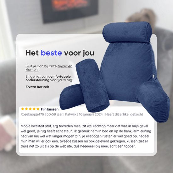 Q-Living Coussin de lecture XXL avec rouleau supplémentaire pour la nuque - Coussin de relaxation - Coussin de siège - Soutien du bas du dos - Coussin de lecture pour le lit - Bleu