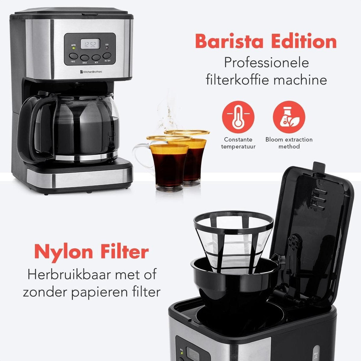 Cafetière KitchenBrothers - Avec pichet en verre - 12 tasses - Noir