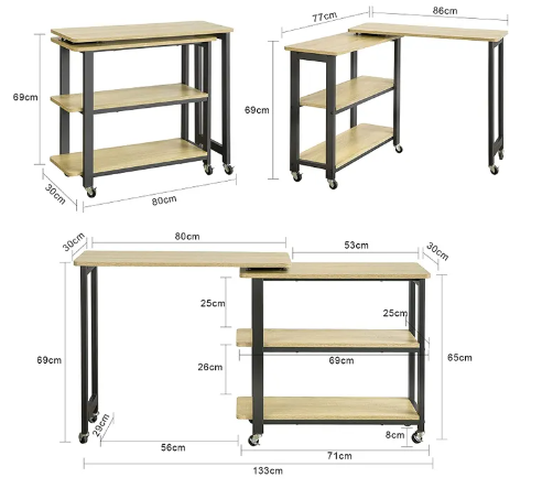 SoBuy Table d'appoint sur roulettes - Forme L - Industriel - Max. 100 kg - 133 x 30 x 69 cm