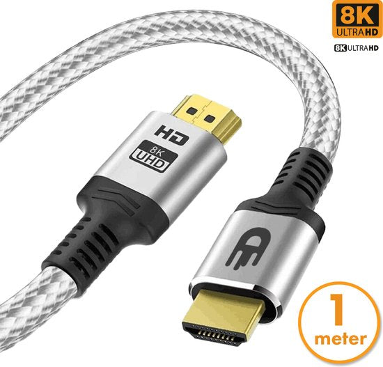 Câble HDMI 2.1 - Ultra HD High Speed - HDMI vers HDMI - Convient à Xbox Series X & PS5 - 1 mètre - Nylon - Blanc argenté