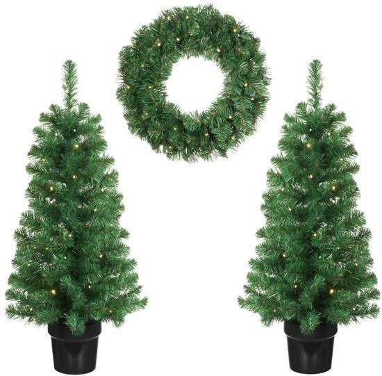 Ensemble d'arbres de Noël et de couronnes de Noël « Black Box Trees Norton » - 2 sapins de Noël artificiels et 1 couronne avec éclairage LED - Vert