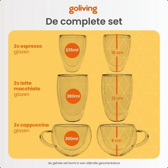 Verres à café Goliving à double paroi - tasses à café - Tasses - Verres - Verres à thé - Latte macchiato - Cappuccino - Lot de 6