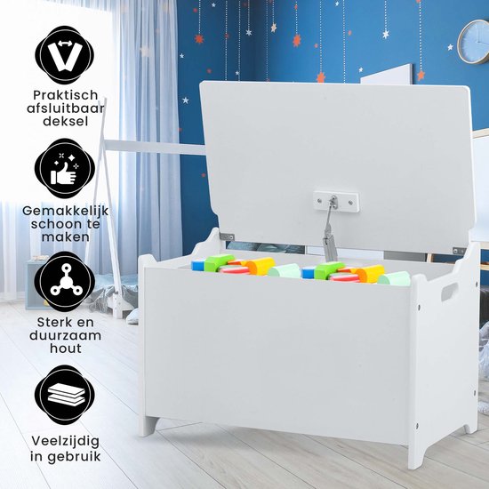 Oemmie Coffre à jouets - Coffre de rangement - Coffre de rangement - Coffre de rangement - Coffre de rangement enfants - 60x40x37cm - Charnières de sécurité - Blanc