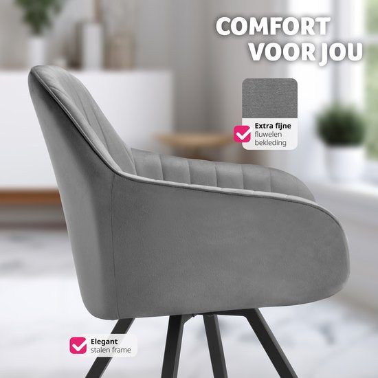 tectake® - Chaise de salle à manger pivotante avec accoudoirs - Chaise ergonomique à coque avec revêtement en velours - Rembourrée - Chaise pivotante pour le salon, la table à manger, le bureau, la coiffeuse et la cuisine - Gris