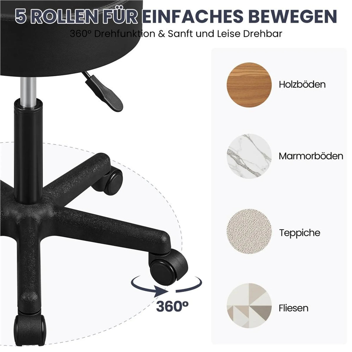 Yaheetech Tabouret de bar réglable en hauteur - équipé d'un coussin de siège de 10 cm d'épaisseur et d'une base pivotante à 360° avec roues - pour bureau, studio et îlot de cuisine - cuir noir et métal - 50 x 50 x 46 - 61,5 cm