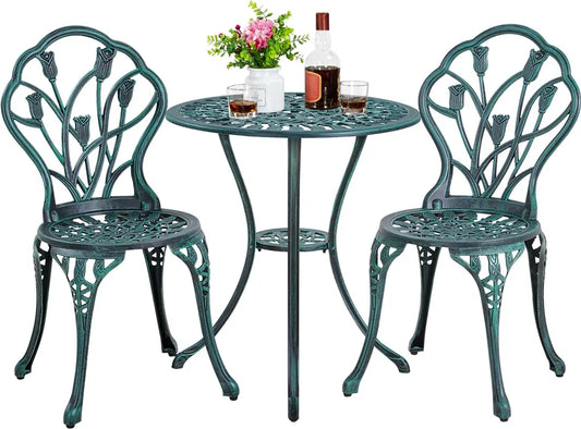 Ensemble de jardin Yaheetech 3 pièces style bistrot - Vert - Ensemble de jardin en aluminium comprenant 2 chaises et une table avec trou pour parasol