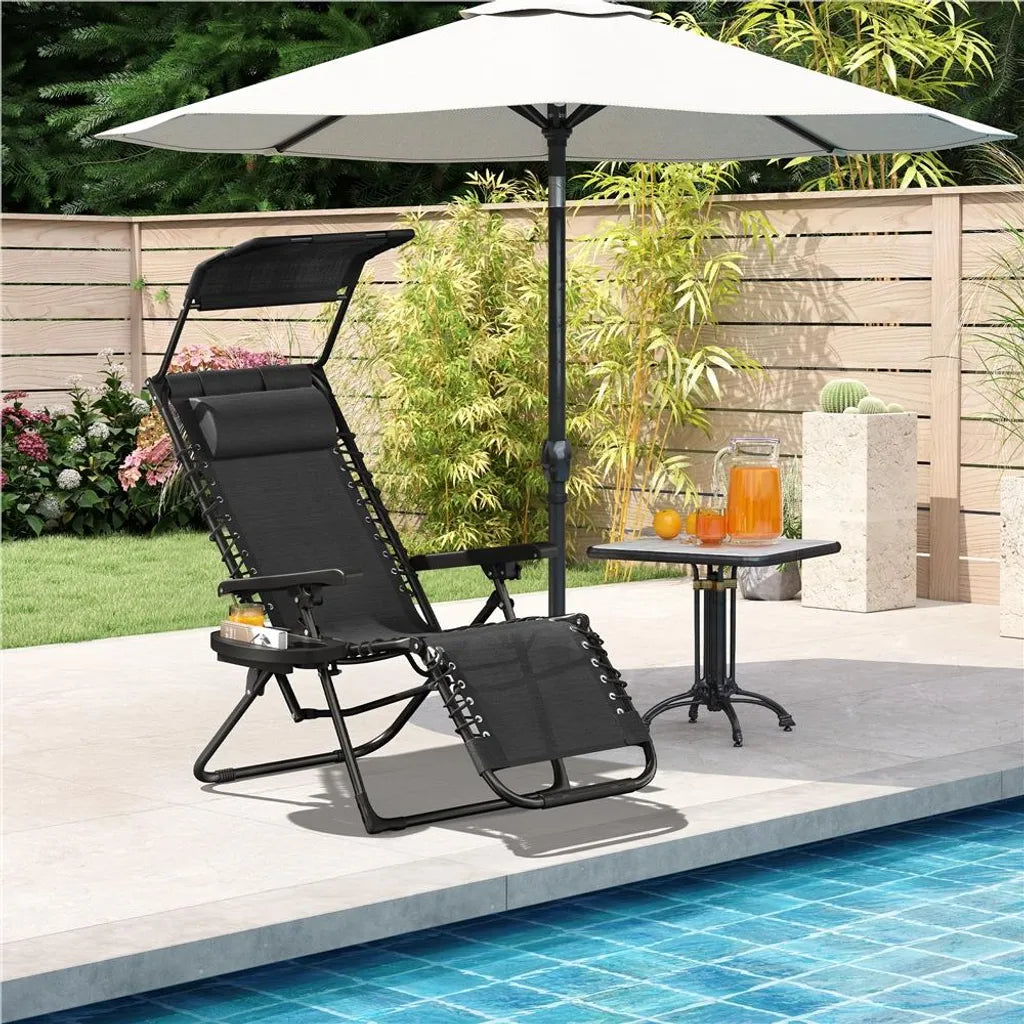Chaise longue Yaheetech Zero Gravity 166 x 64 x 70 cm - Toit pare-soleil - Coussin pour la nuque/porte-gobelet - Noir