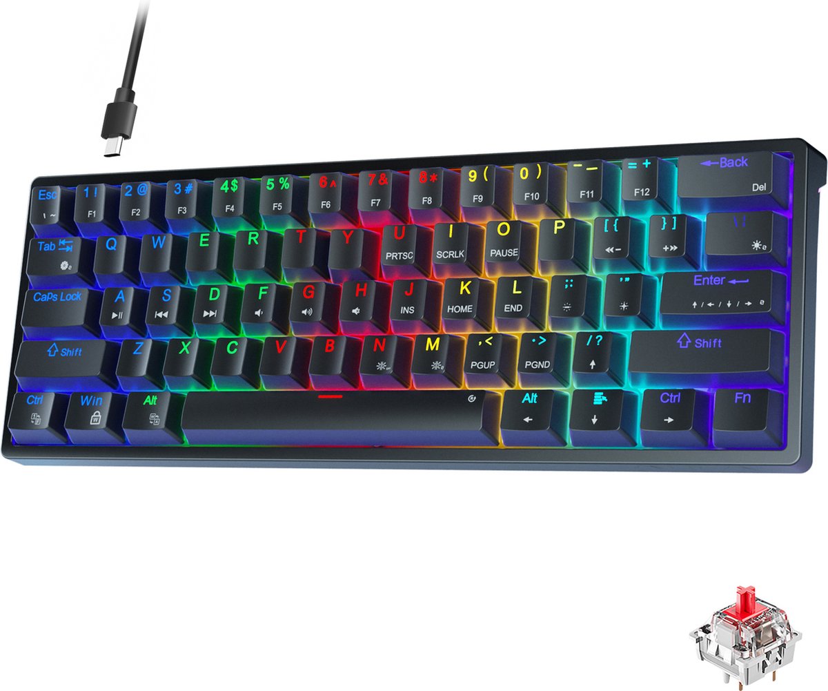 AULA F3261 - Clavier de jeu filaire - Mécanique - Full RGB - 61 touches - Commutateur rouge - Hot swap - Claviers Qwerty - Noir