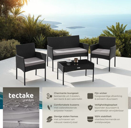 tectake® - Ensemble de jardin en osier Palese - Groupe de sièges pour 4 personnes - Ensemble de meubles de jardin avec banc de salon, table de jardin et 2 chaises de jardin, y compris les coussins d'assise - Meubles de jardin - Résistant à l'eau - Noir