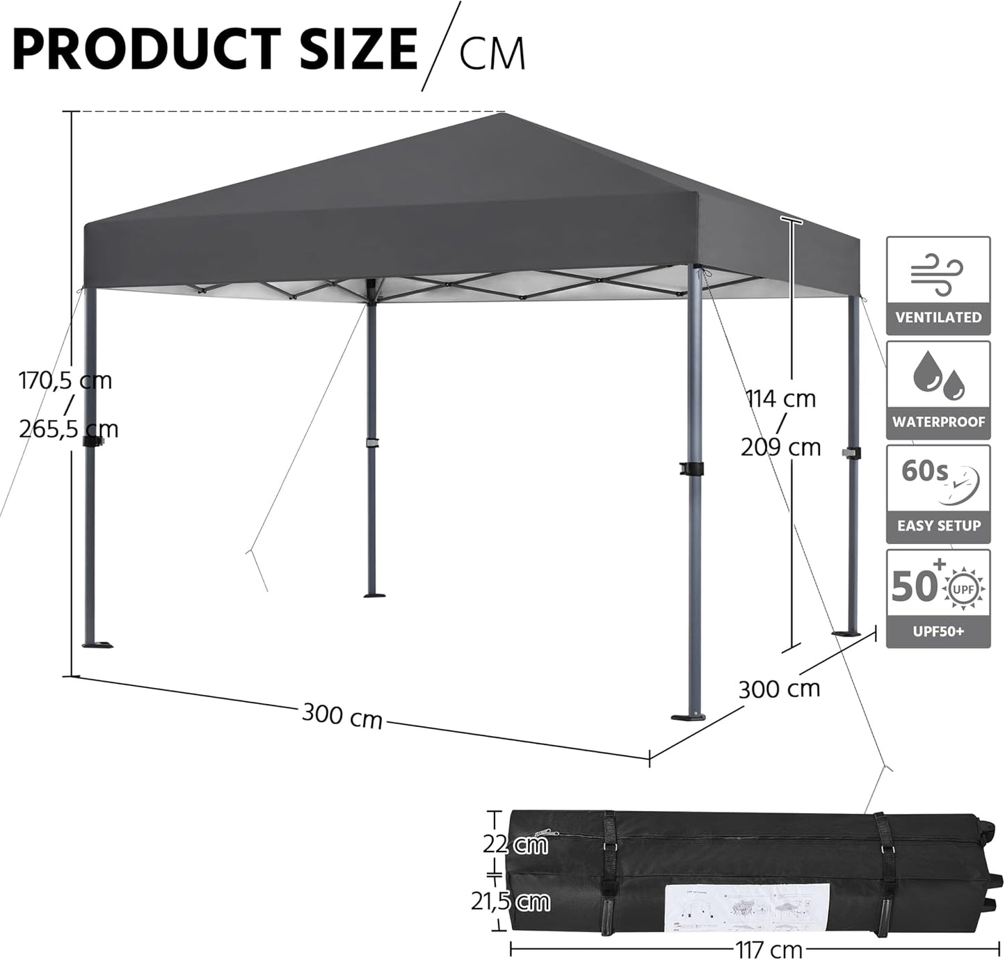 Pavillon pliable Yaheetech 3 x 3 m, gris foncé - Imperméable - Protection UV 50+ - S’accompagne de piquets, de sacs de sable et d’un sac de transport
