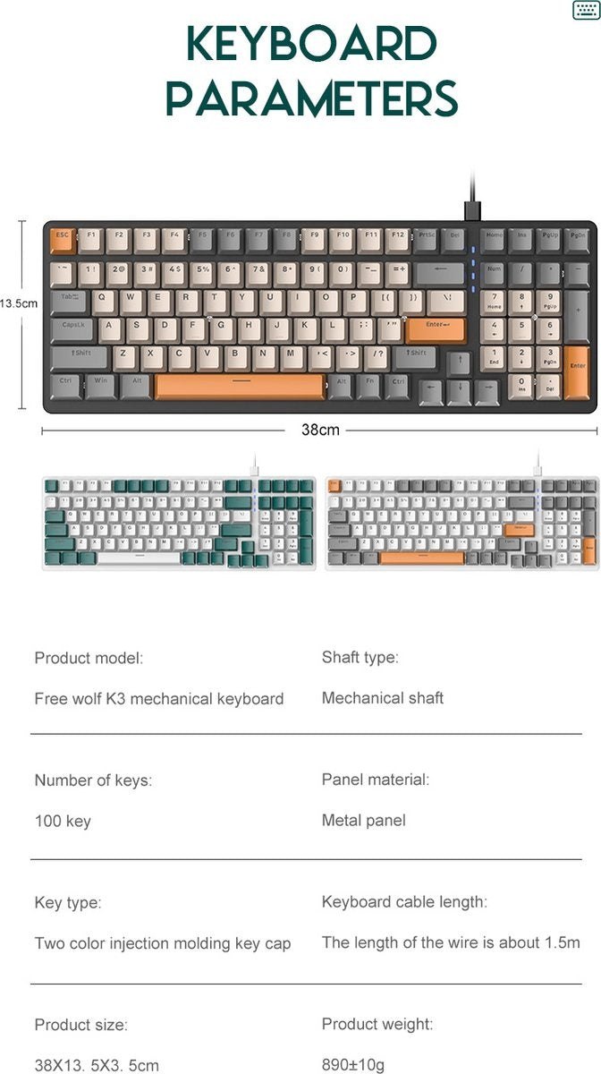 "Clavier de jeu mécanique Fuegobird K3 - 100 touches - Switch rouge - QWERTY - Rétroéclairage RGB - Gris/Orange"