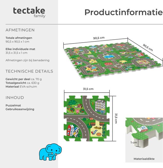 tectake® - Tapis de jeu - tapis de jeu en mousse - Tapis de jeu bébé - Ville et routes - 90 x 90 cm - Tapis puzzle 9 pièces - Antidérapant - Absorbe le bruit et résiste à l'humidité