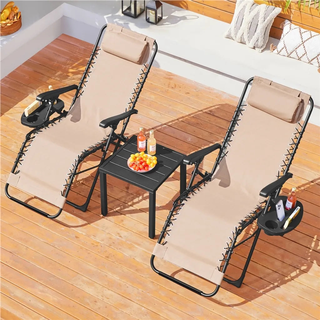 Yaheetech Lot de 2 chaises longues Zero Gravity - Beige - Chaises longues pliables avec oreiller et porte-gobelet