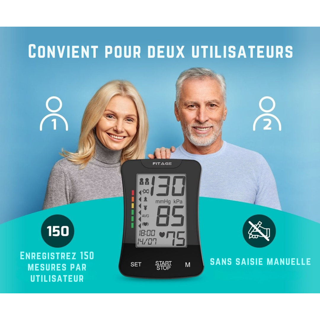 FITAGE - Tensiomètre médical - Moniteur de Pression Artérielle - Fréquence Cardiaque - Brassard 22 à 42cm - Noir
