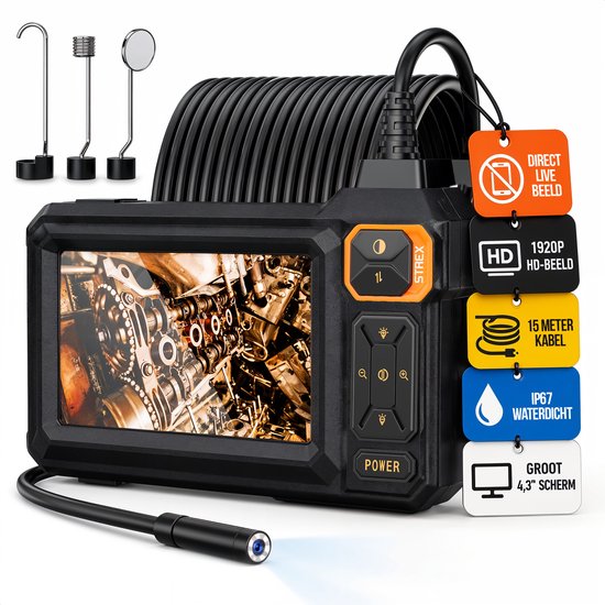 Endoscope Strex avec écran 15M - Caméra d'inspection - Caméra d'égout avec image HD - Étanche IP67 - Éclairage LED réglable