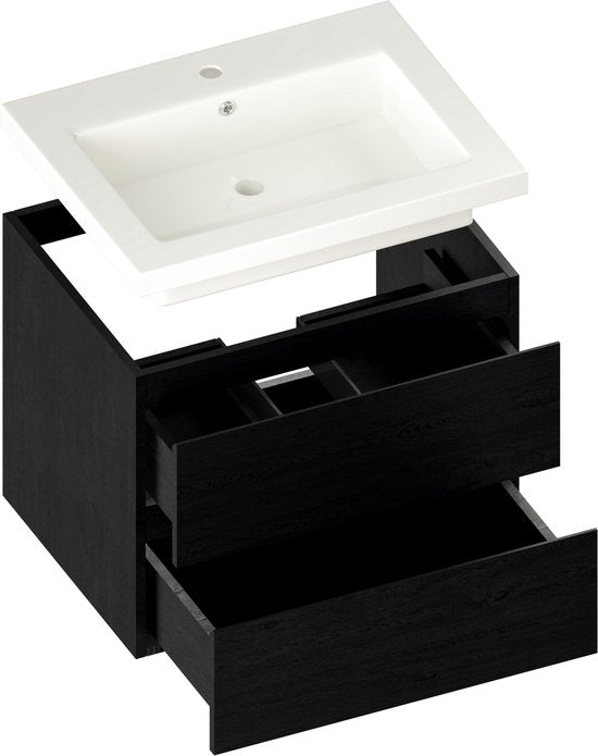 Meuble de salle de bains Mirlux en chêne noir 60 cm - Lavabo blanc - Ensemble de meubles de salle de bains - Meuble-lavabo en chêne noir