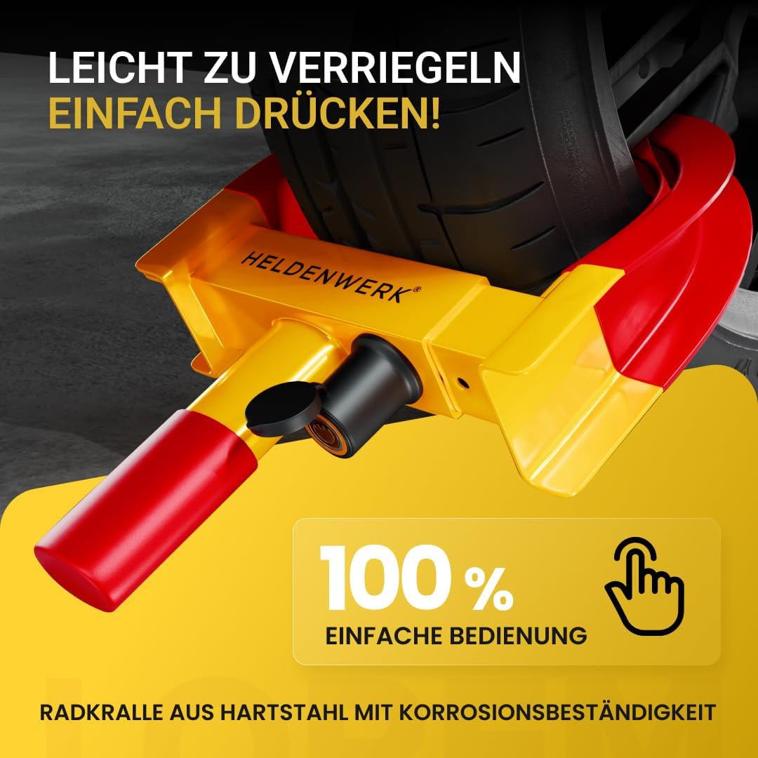 HELDENWERK - Attache de roue avec verrouillage de sécurité - 48x25x7 cm - pour largeur de pneu 18-30 cm avec 3 clés - protection contre le vol pour camping-car et voiture - acier jaune et rouge