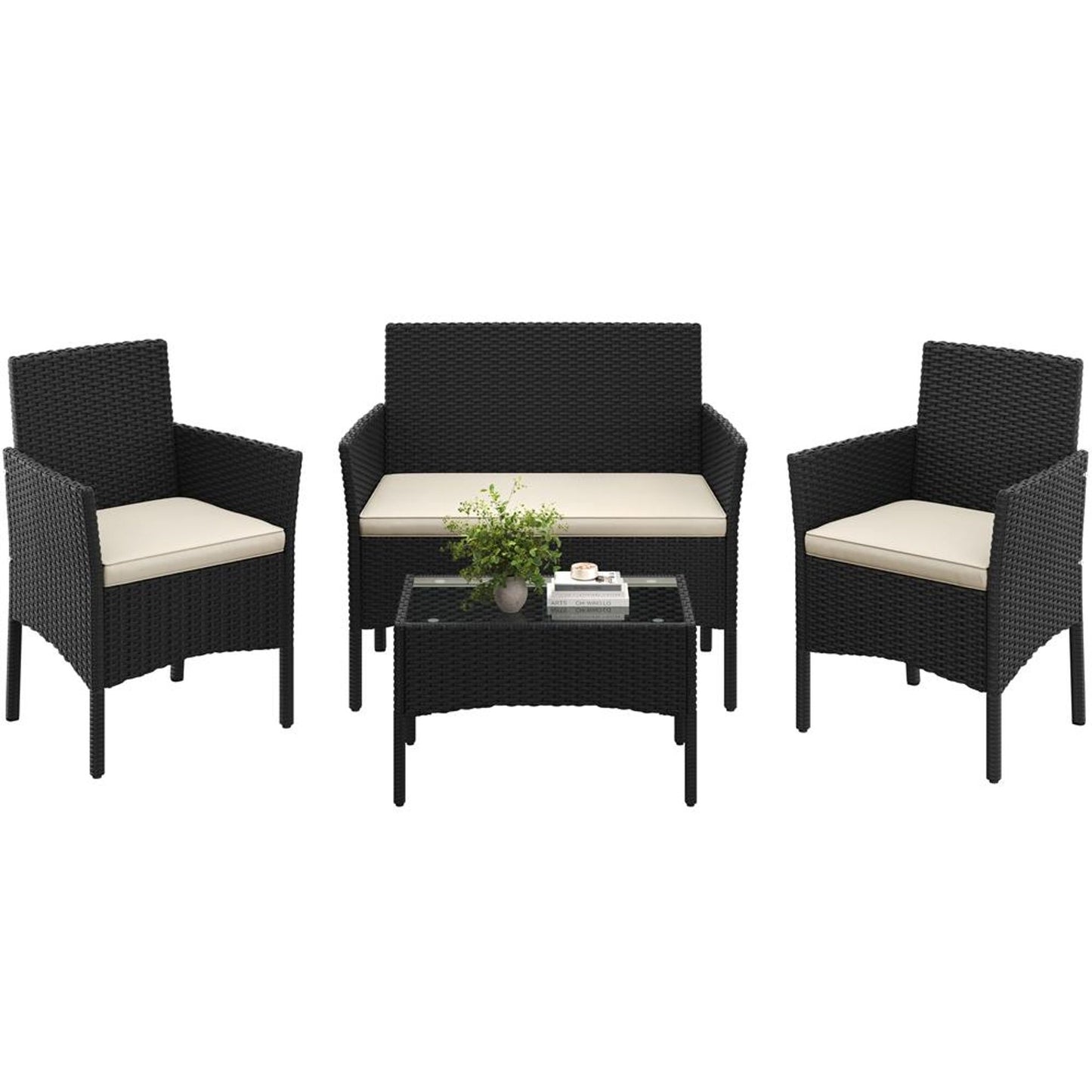 Ensemble de salon Yaheetech en rotin, 4 pièces - Table, 2 chaises et canapé 2 places - Coussins résistants aux intempéries - Noir et beige - 106 x 58 x 80 cm