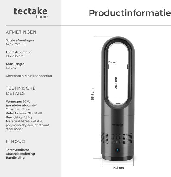 Ventilateur colonne tectake® Polar - Ventilateur colonne avec télécommande - 8 vitesses et minuterie - Fonction d'oscillation à 80° - Ventilateur silencieux (35-55 dB) - Modèle sur pied avec panneau de commande à LED - Hauteur : 55,5 cm - Rafraîchisseur d
