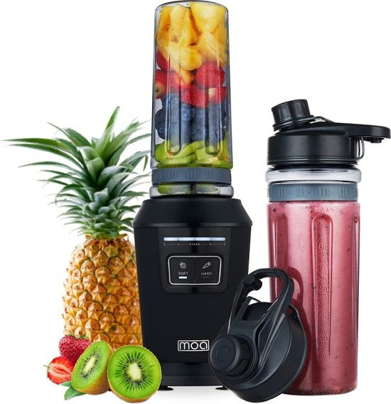Blender - MOA - Blender to Go - Mini Blender - 2 gobelets en Tritan de 600ml - Smoothie Maker - 800W - Noir - MB10B