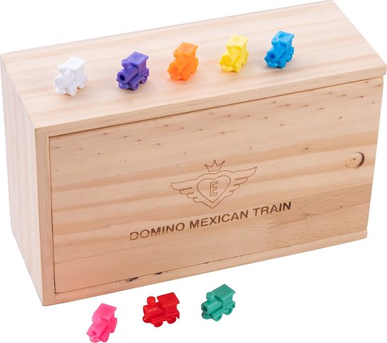 Domino Double 12 Mexican Train – 91 tuiles aux yeux colorés – Coffret en bois avec couvercle coulissant – Gare et trains inclus – Jeu de stratégie familial – Engelhart