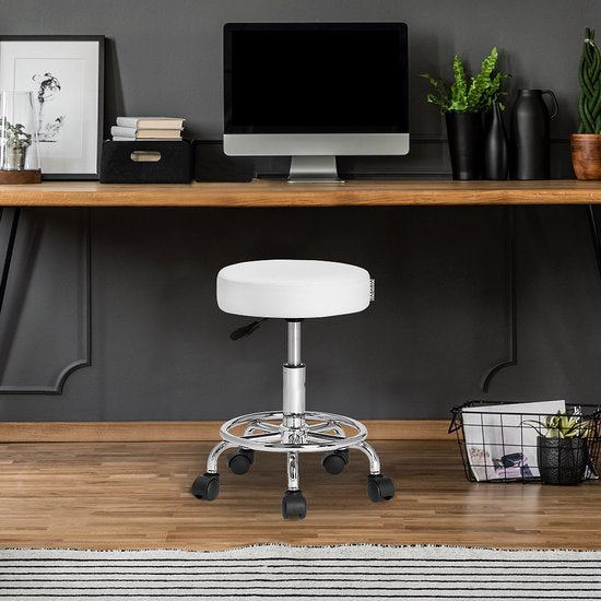 Tabouret roulant - Réglable en hauteur et rotatif à 360°C - Hauteur d'assise 51-65cm Blanc