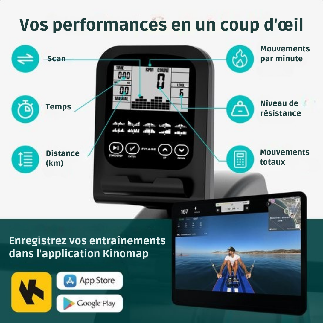 Rameur - FITAGE - 16 niveaux de résistance magnétique - Silencieux 15 dB - Pliable et ergonomique - Noir