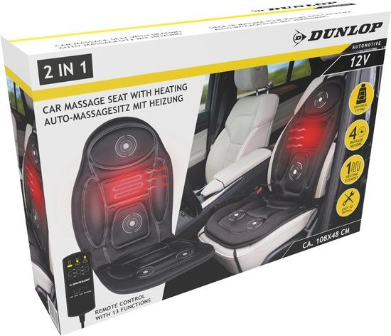 Dunlop Massage Seat Car with Heating Function - 108 x 48 CM - 4 Massage Motors and 1 Heating Element - Connection to Cigarette Lighter Car - Remote Control with 13 Stages - Black