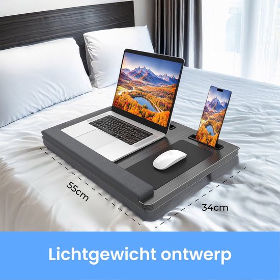 Coussin pour ordinateur portable - Lap table - Réglable - Support pour le travail à domicile - Table de lit - Support pour ordinateur portable et tablette - Avec support de téléphone