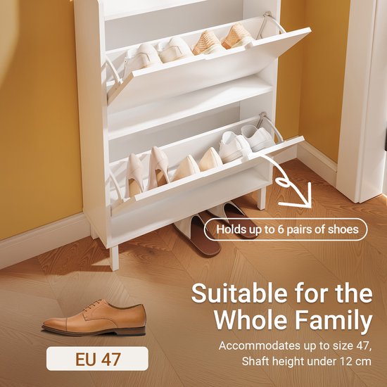 Armoire à chaussures SoBuy, extra-plate 19 cm - rangement jusqu'à la pointure 47 - avec crochets et étagère ouverte, pour petits logements, couloir, entrée - blanche, 60 x 19 x 119 cm, FSR221-W