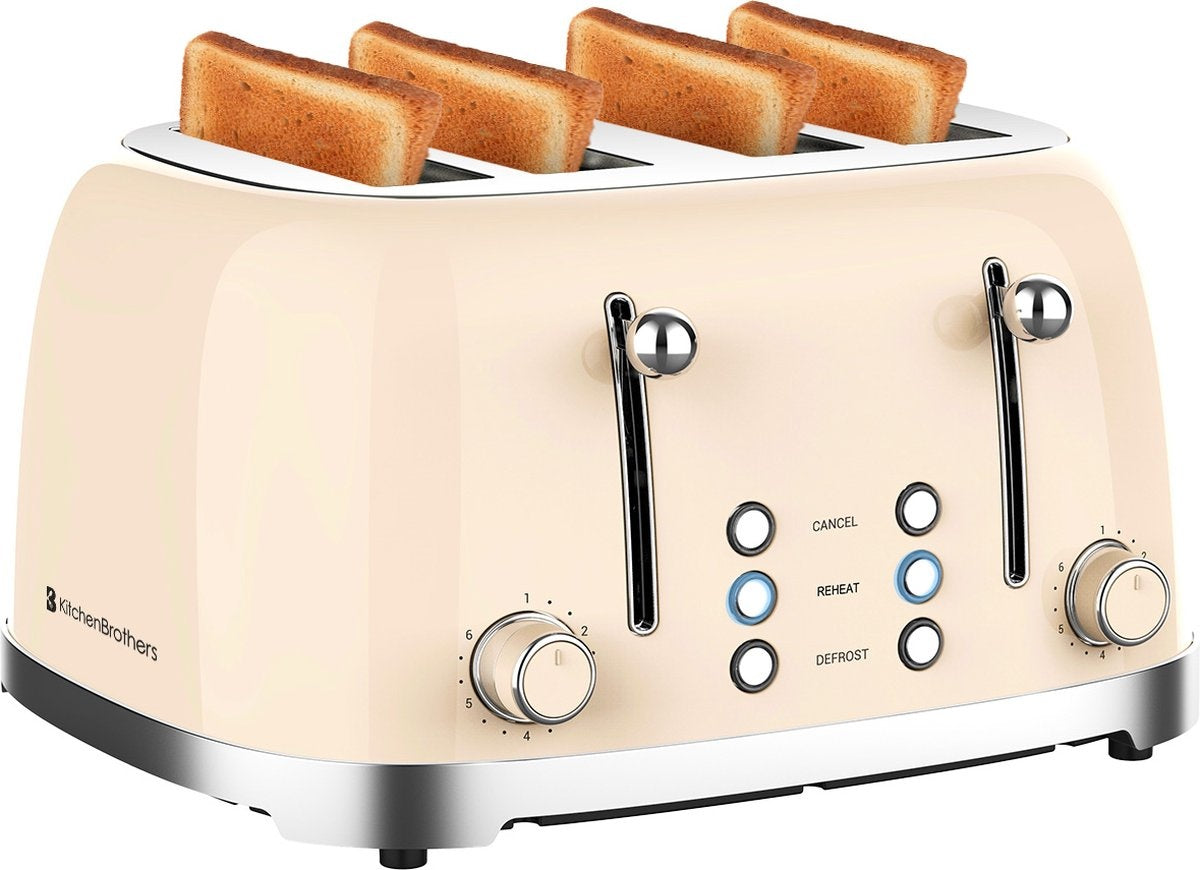 KitchenBrothers Retro Toaster - Grille-pain - 6 niveaux de chaleur - 4 fentes extra-larges - 1630W - Beige