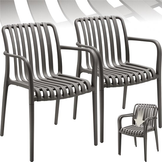 tectake® Lot de 2 chaises de jardin Alcudia - Anthracite - Chaises en plastique avec accoudoir - Set de jardin pour la table de jardin ou le camping empilable - Chaises pour le jardin, la terrasse ou le balcon - Résistantes aux intempéries et aux UV - Cap