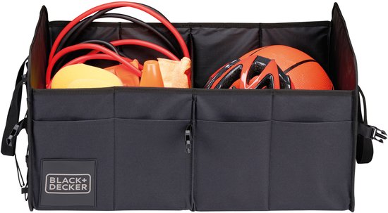 Boîte de rangement BLACK+DECKER pour coffre de voiture - 59 x 36 x 30 cm - 2 compartiments - Compartiments latéraux supplémentaires - Avec poignées - Noir