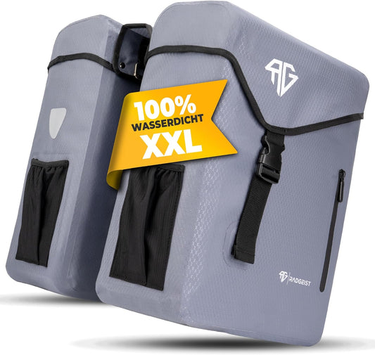 RADGEIST sacoche vélo pour transporteur 100% étanche I Double sacoche vélo 50 litres - Double sacoche vélo avec fermeture facile (gris)