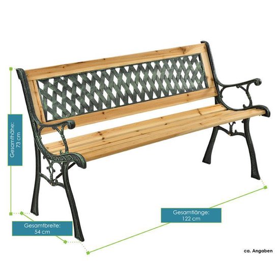 Banc de jardin 2 places - 13.5kg - 122 × 54 × 73 cm - Motif diamant Pisa - Stable, solide et facile à entretenir - Banc en bois naturel
