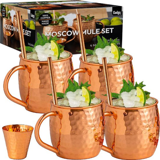 Gadgy Moscow Mule Cups 4-Piece Set - 100% Copper - Cocktail Set : 4 verres à cocktail, 4 pailles et 1 mesure de bar - Cadeau pour femme et homme