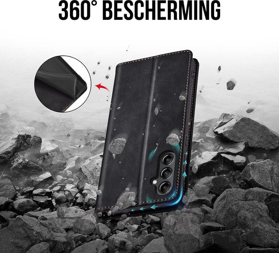 Podec Case with Card Holder suitable for Samsung Galaxy A14 Black Phone Case - Anti-Shock Bookcase Cover with 1x Screen Protector
